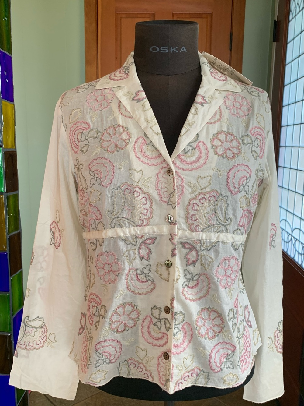 J JILL EMBROIDERED VIOLE SHIRT BLOUSE 2 PETITE New With Tags pink green